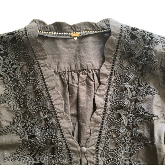 FREE People Louella Embroidered Top XS Lace button up blouse Black NWOT - Picture 7 of 13